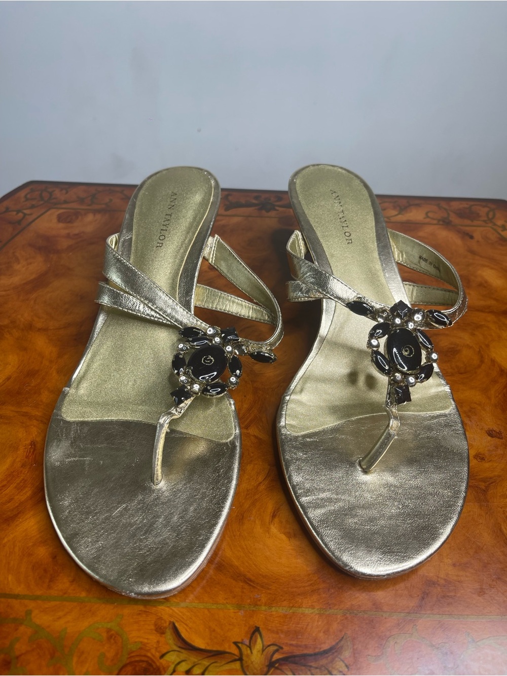Ann Taylor Metallic Gold Jeweled T-Strap Sandals